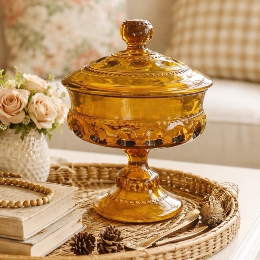 Indiana Glass King’s Crown Golden Amber Compote Thumbprint Pedestal Dish Vintage - Picture 11 of 11